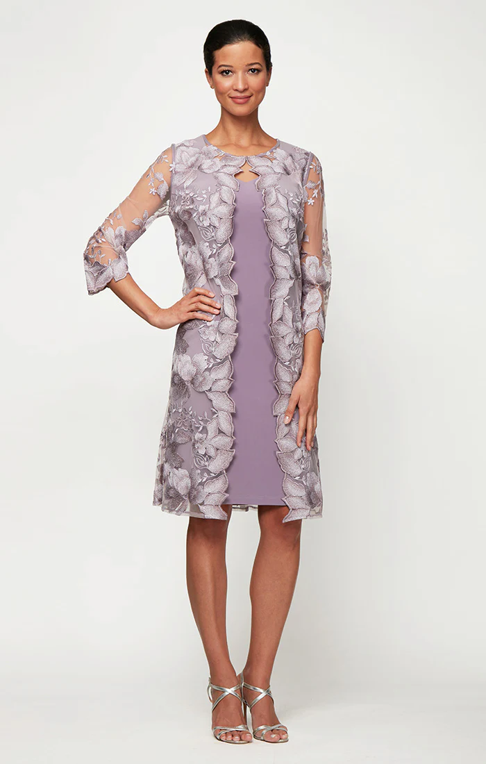 Regular - Embroidered Elongated Lace Mock Jacket with Jersey Sheath Dress