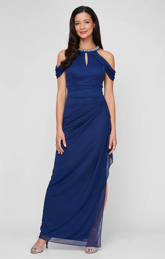 Mesh Beaded Halter Neck Dress with Cold Shoulder Sleeve