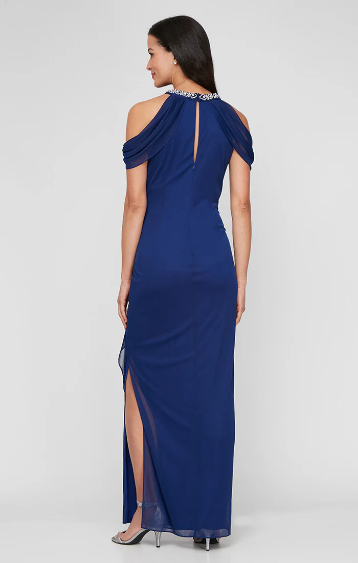 Mesh Beaded Halter Neck Dress with Cold Shoulder Sleeve - Image 3