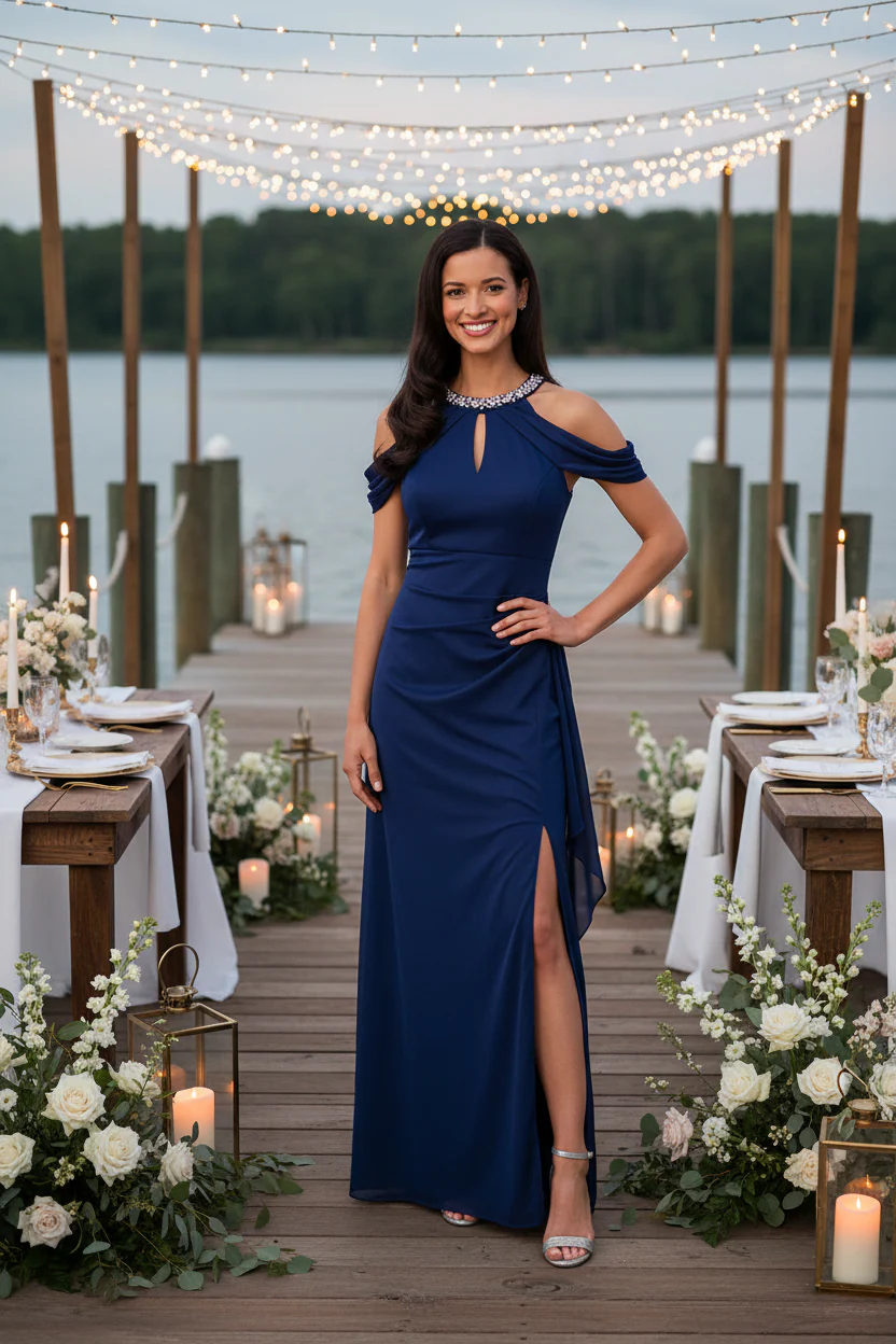 Mesh Beaded Halter Neck Dress with Cold Shoulder Sleeve - Image 4