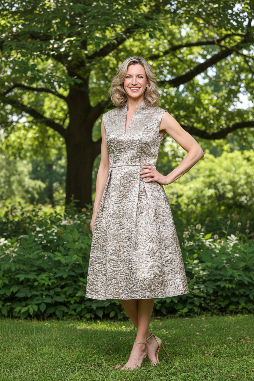 Midi A-Line Jacquard Dress with V-Neckline - Image 4