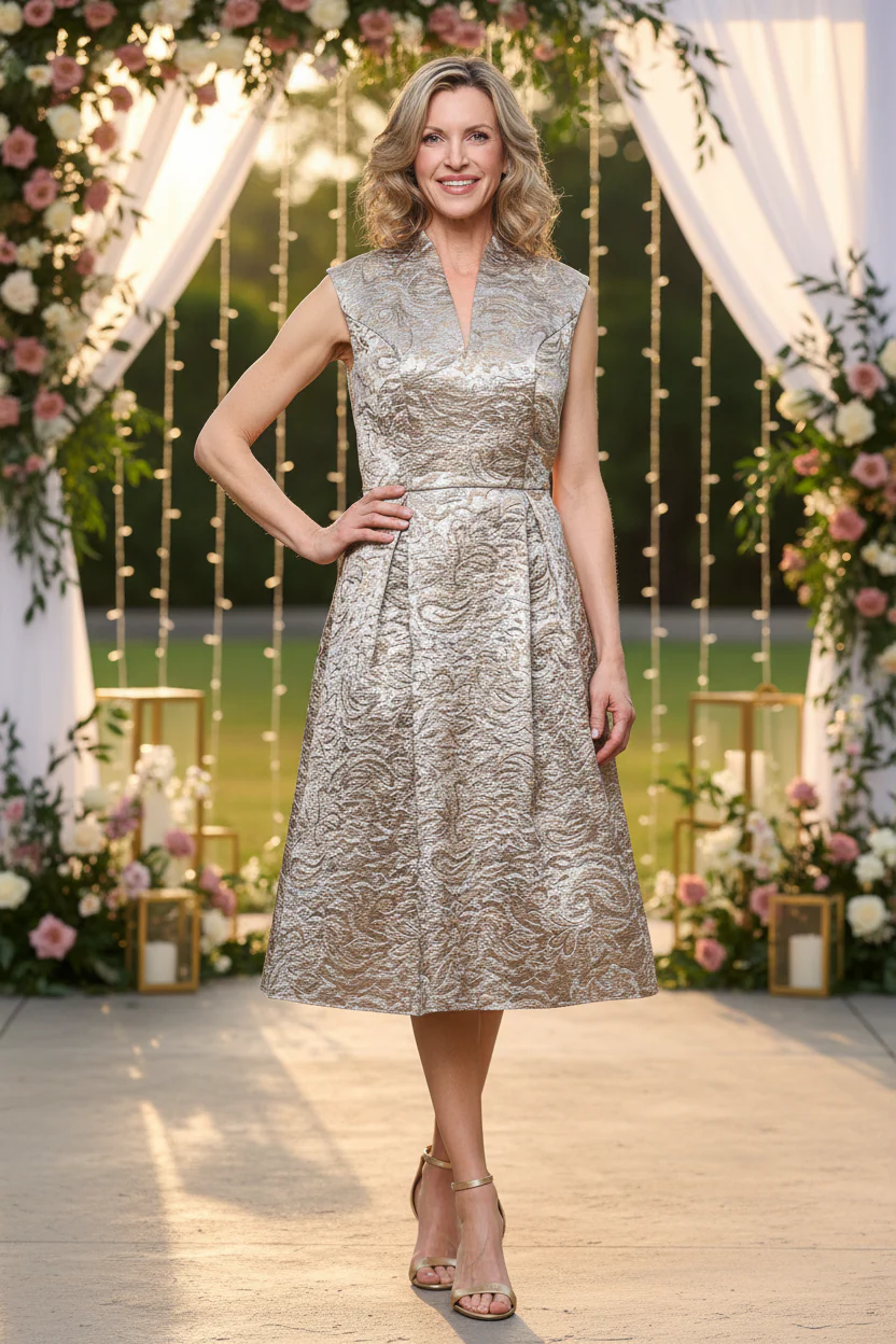 Midi A-Line Jacquard Dress with V-Neckline - Image 5