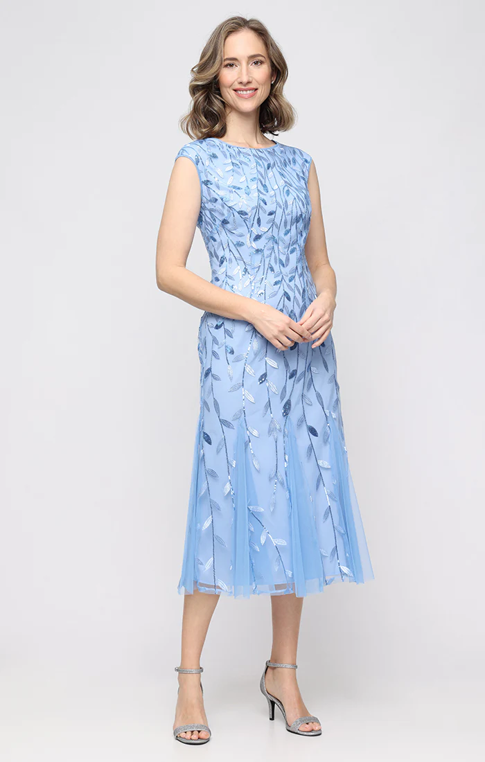 Midi Embroidered Dress with Illusion Neckline and Godet Detail Skirt