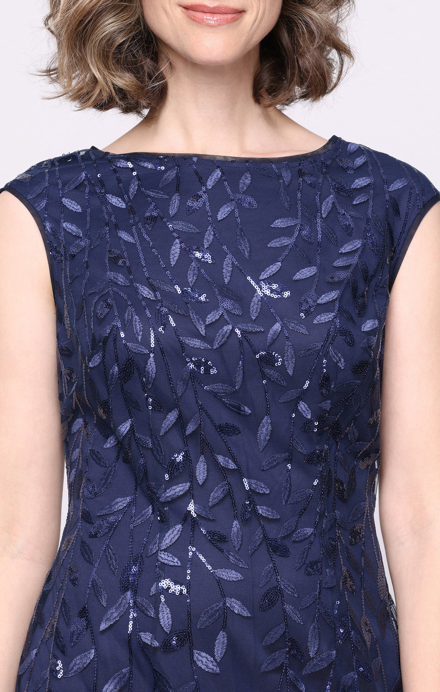 Midi Embroidered Dress with Illusion Neckline and Godet Detail Skirt - Image 10