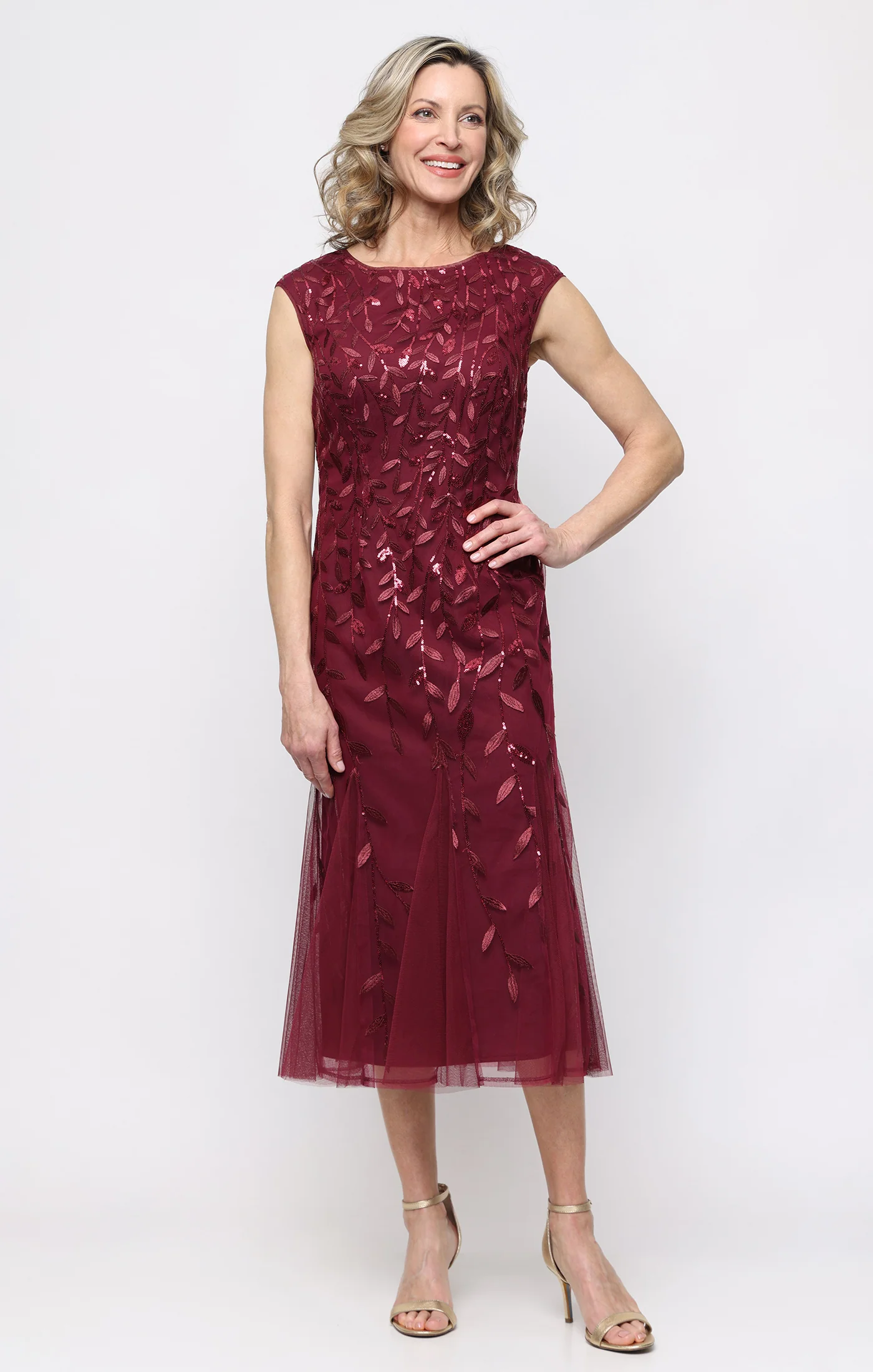 Midi Embroidered Dress with Illusion Neckline and Godet Detail Skirt - Image 12