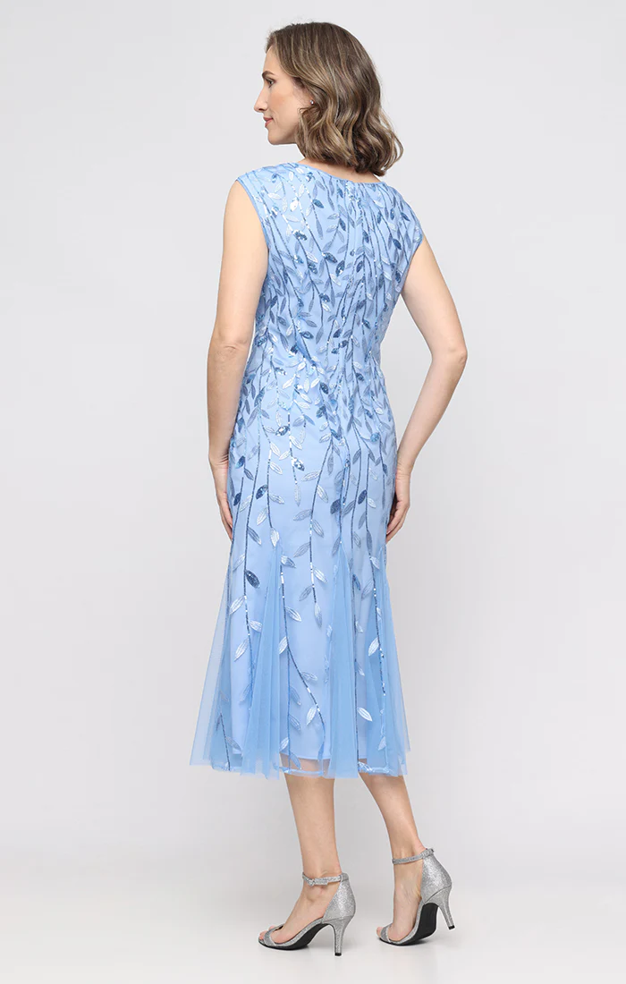 Midi Embroidered Dress with Illusion Neckline and Godet Detail Skirt - Image 3