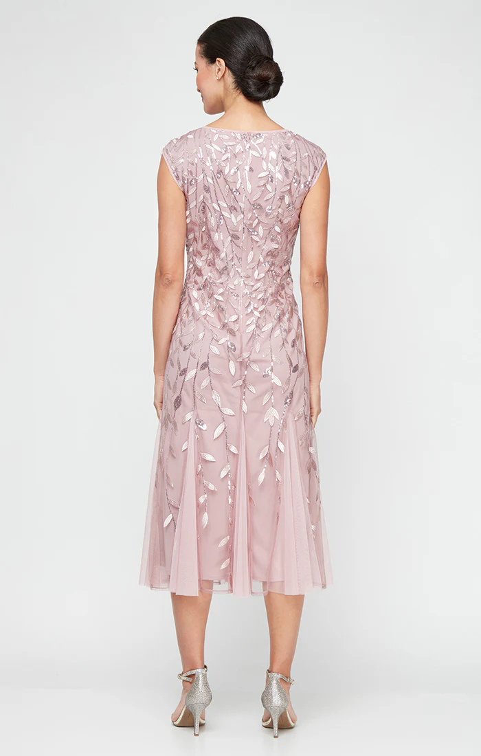 Midi Embroidered Dress with Illusion Neckline and Godet Detail Skirt - Image 8
