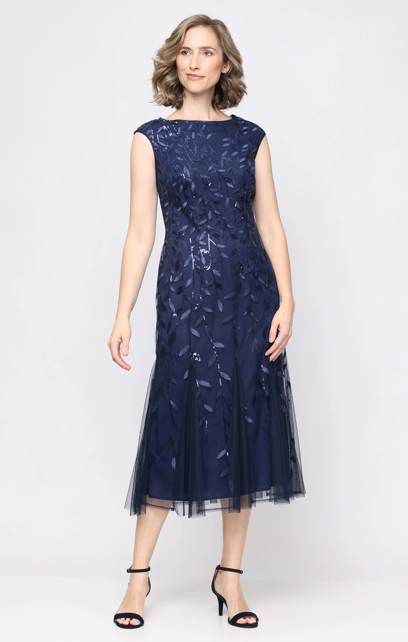 Midi Embroidered Dress with Illusion Neckline and Godet Detail Skirt - Image 9