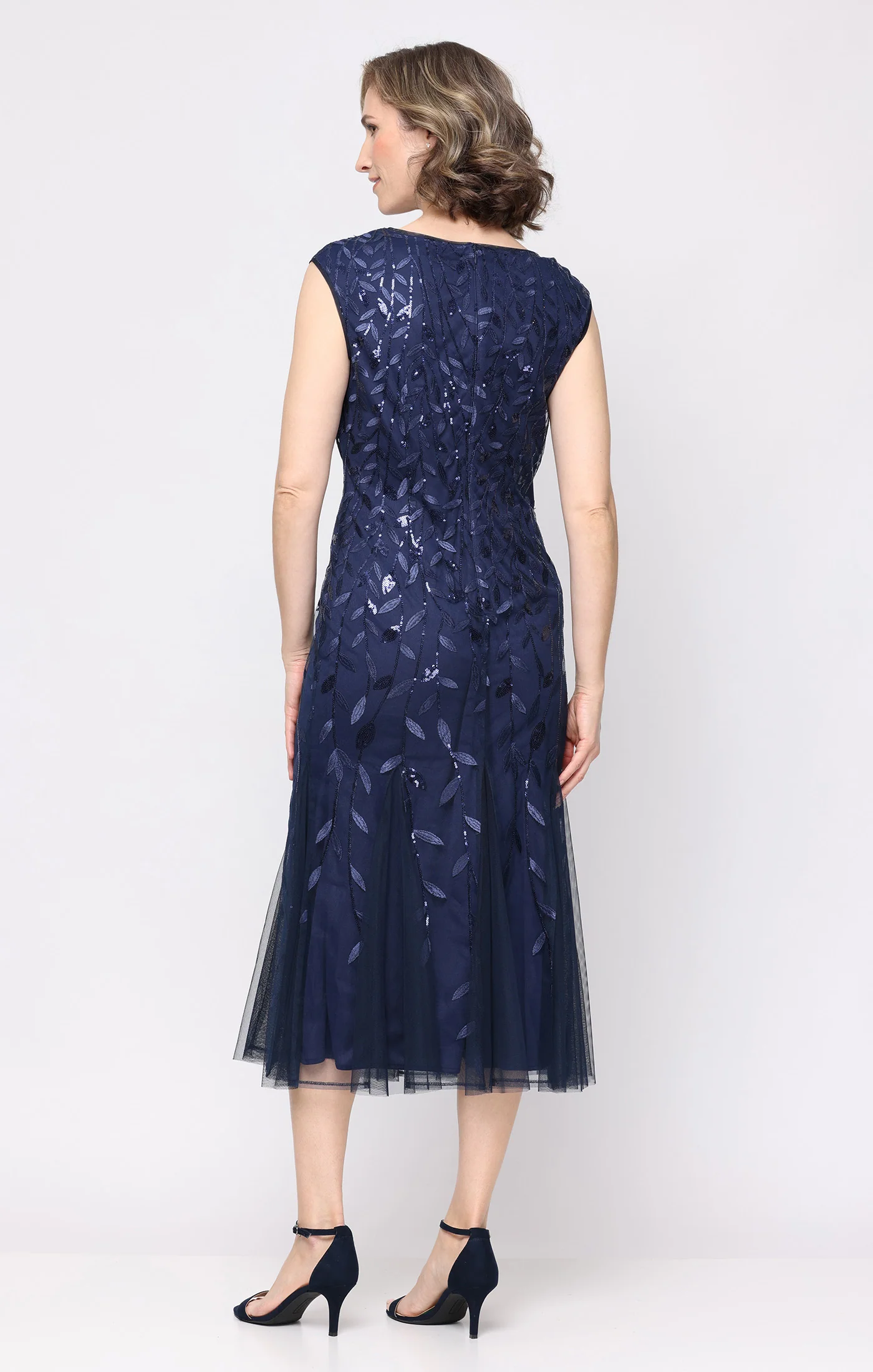 Petite Midi Embroidered Dress with Illusion Neckline and Godet Detail Skirt - Image 11