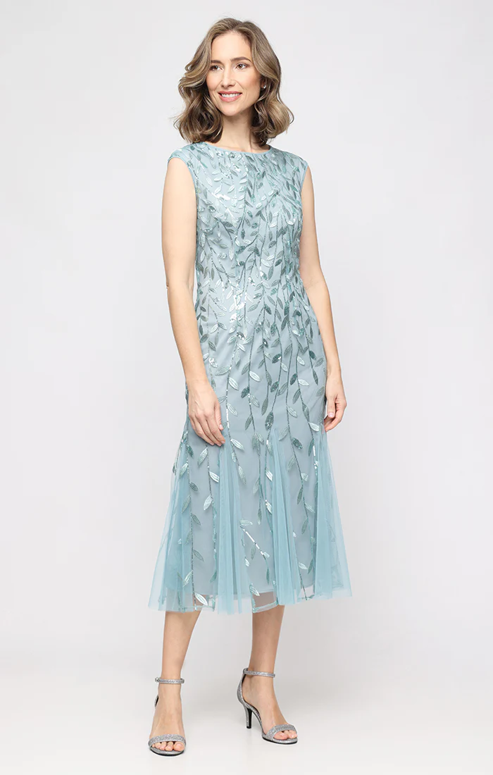 Petite Midi Embroidered Dress with Illusion Neckline and Godet Detail Skirt - Image 4