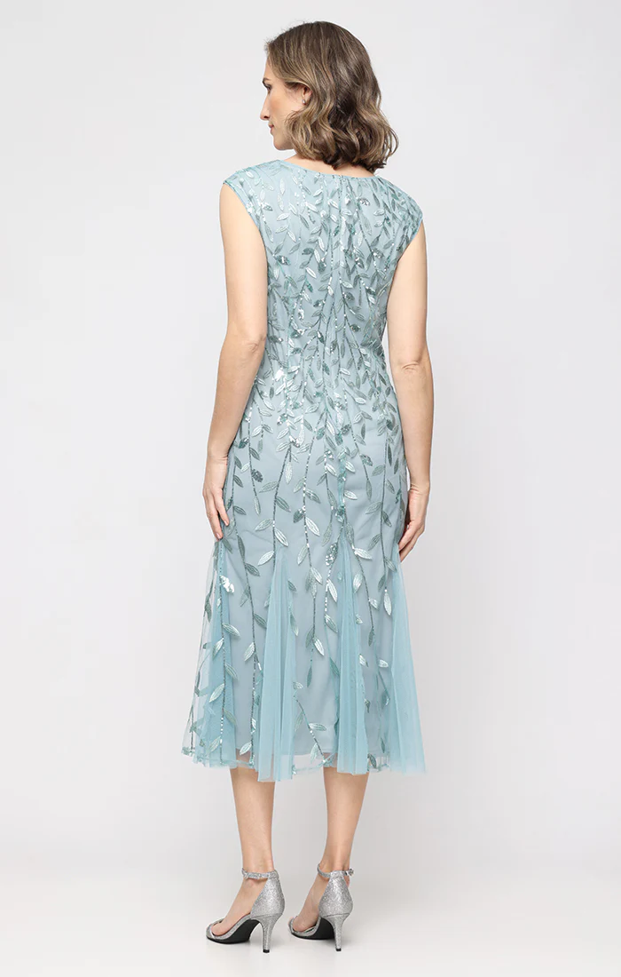 Petite Midi Embroidered Dress with Illusion Neckline and Godet Detail Skirt - Image 6