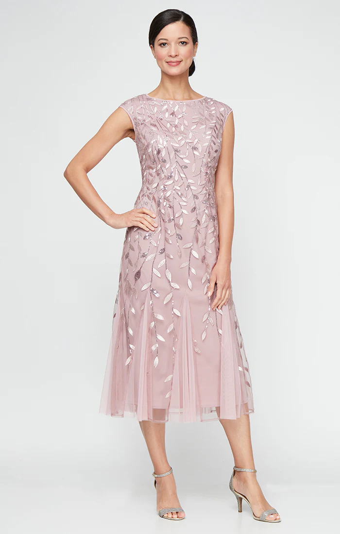 Midi Embroidered Dress with Illusion Neckline and Godet Detail Skirt - Image 7