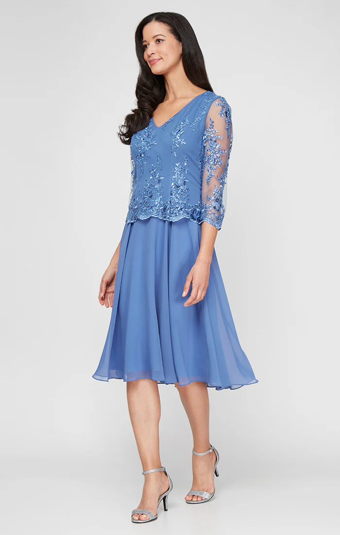 Regular - Embroidered Mock Dress with V-Neckline, Illusion Sleeves and Full Chiffon Skirt