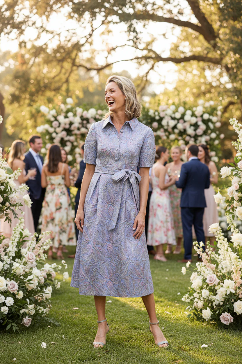 Jacquard Dress with Button Bodice & Bubble Sleeves - Image 4