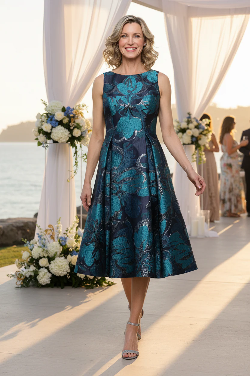 Midi Sleeveless Jacquard Dress with Full Skirt and Pockets - Image 4