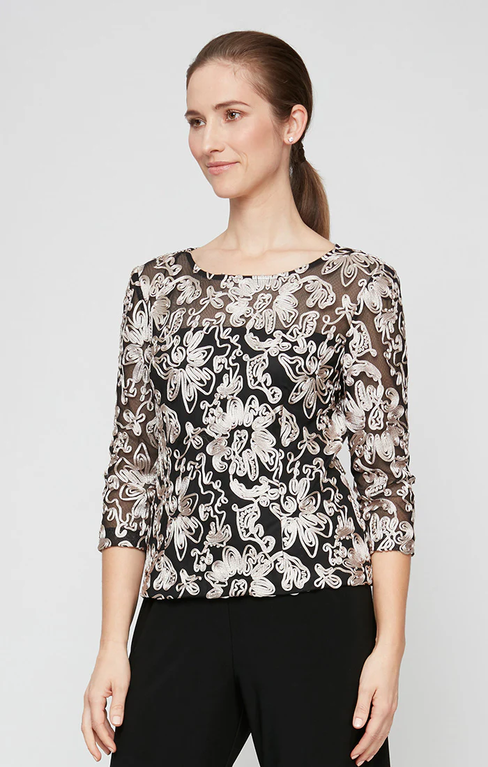 Petite 3/4 Sleeve Blouse with Embroidered Detail and Illusion Neckline