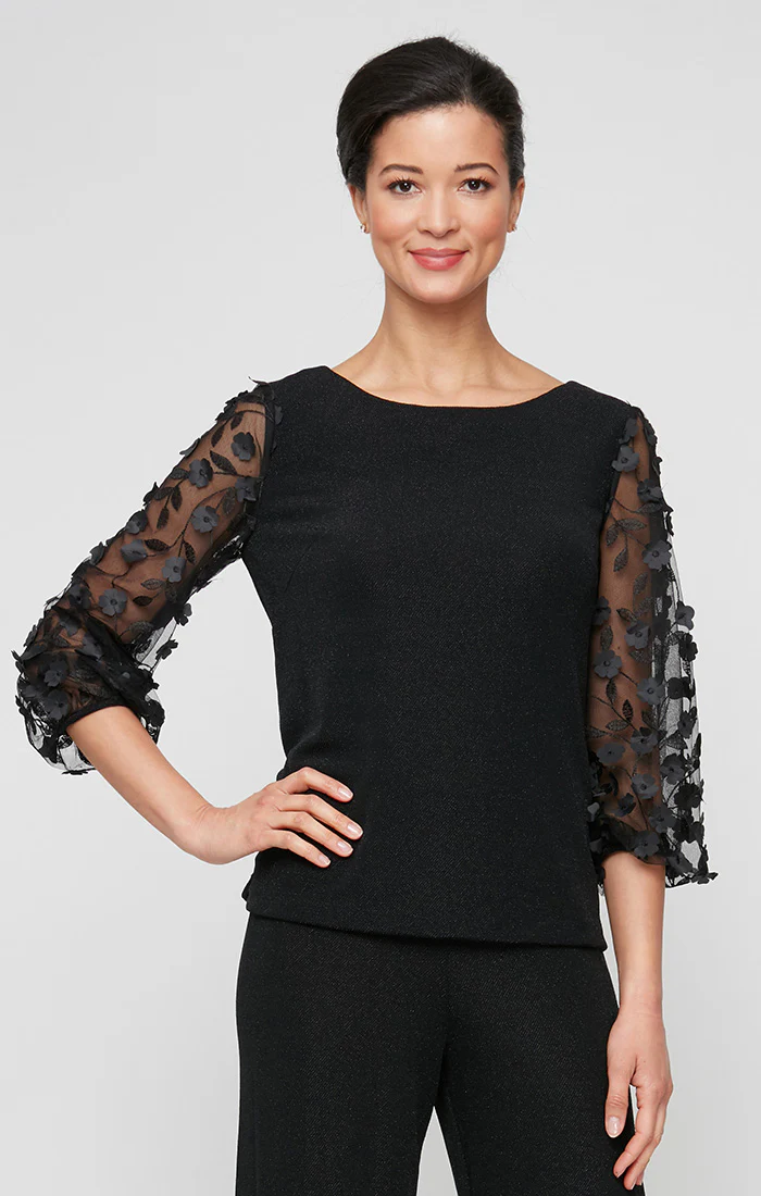Petite 3/4 Sleeve Blouse with 3-D Flower Illusion Sleeves
