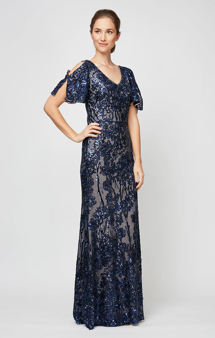Petite - Caroline Flutter Sleeve Sequin Gown