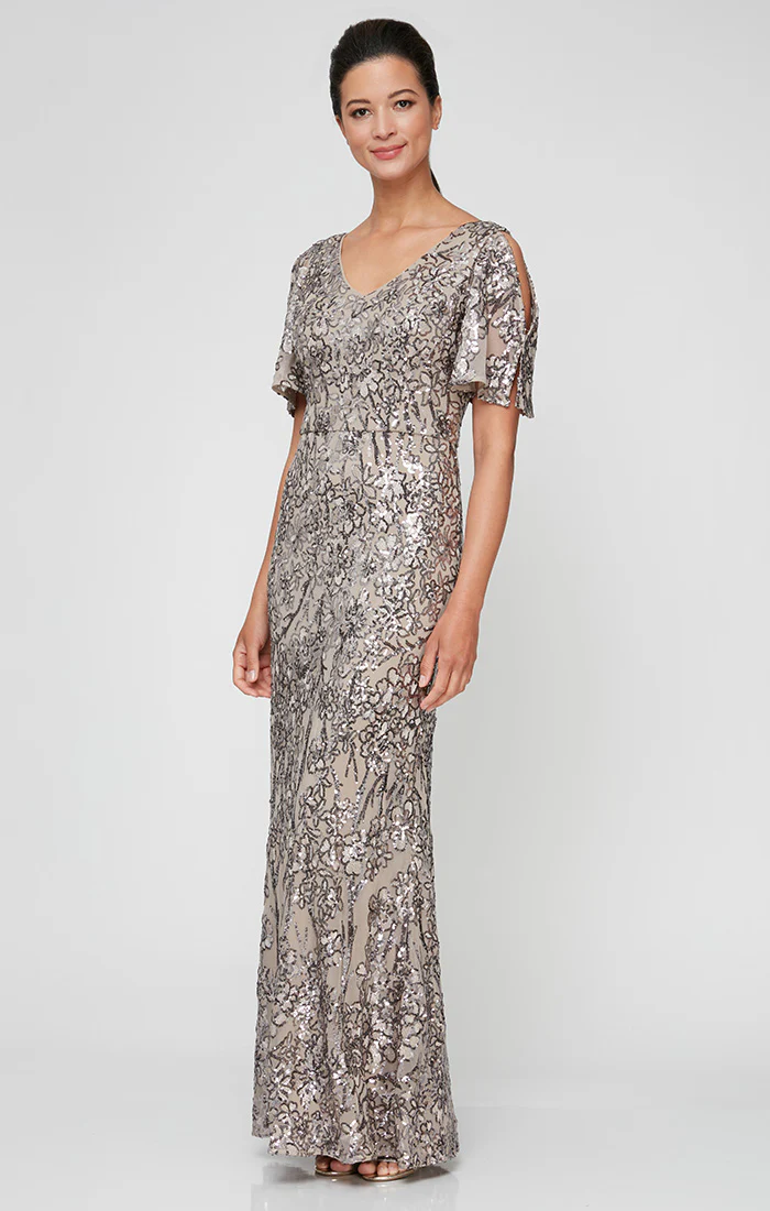 Petite - Caroline Flutter Sleeve Sequin Gown
