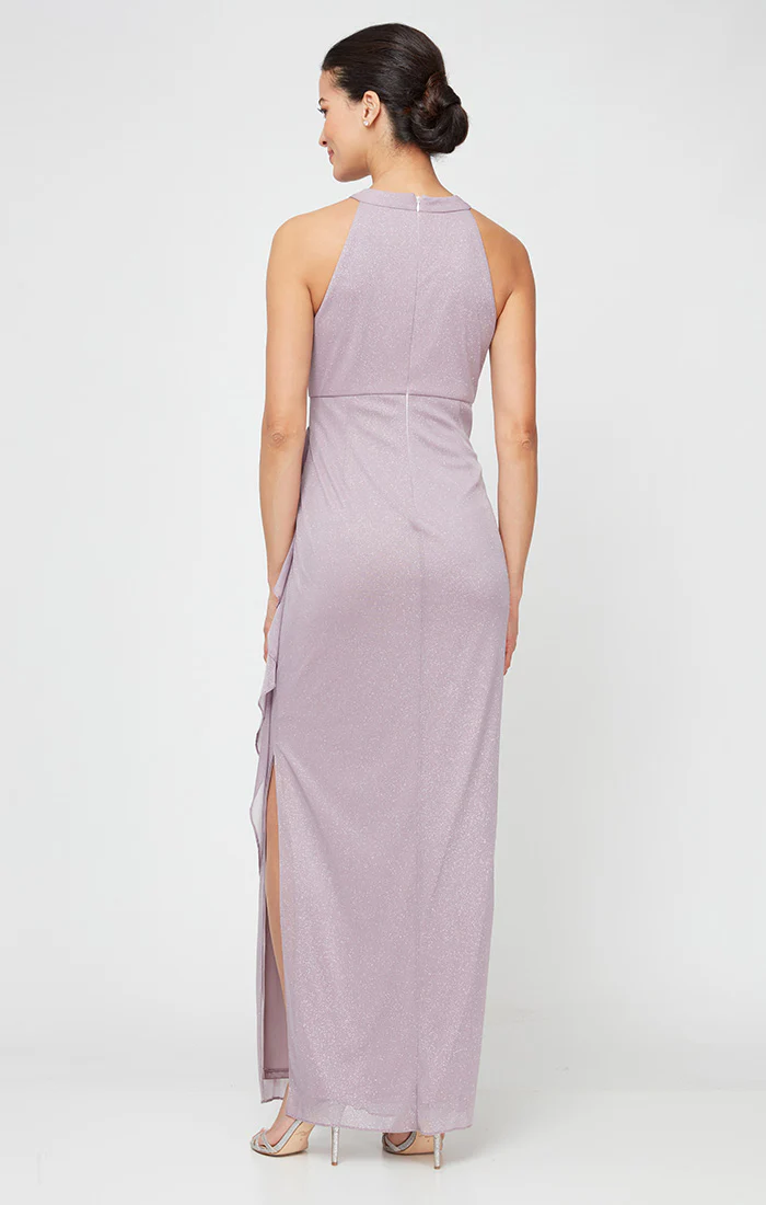Petite - Glitter Mesh Halter Neck Dress with Cascade Detail Skirt - Image 3