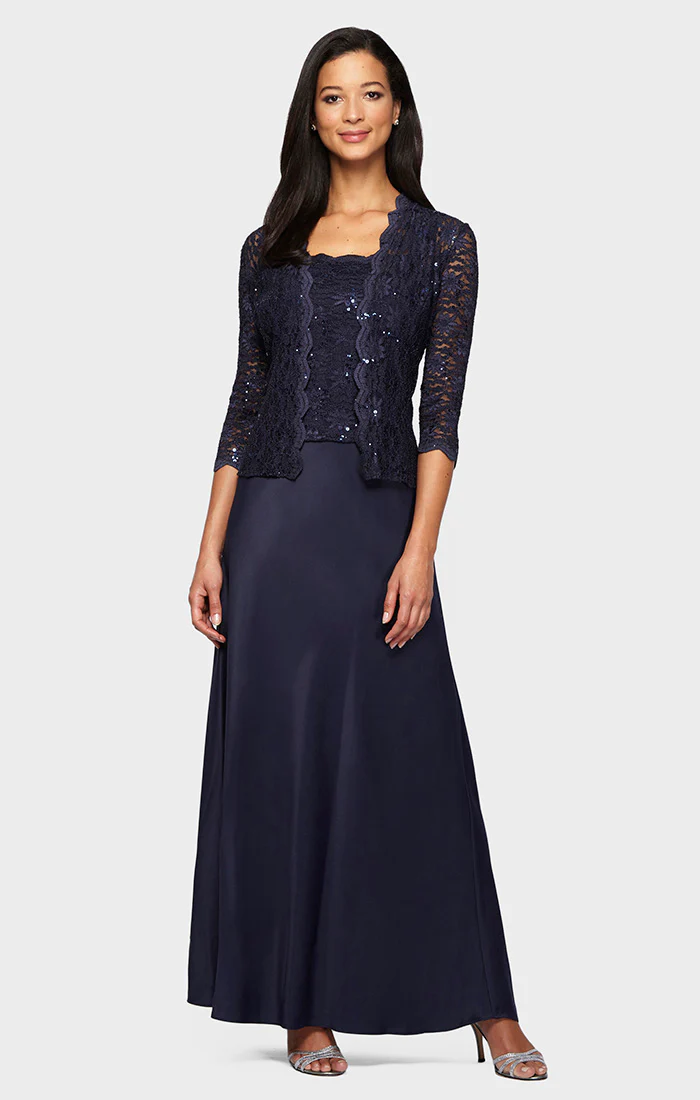 Regular - Lace & Satin Gown with Sheer 3/4 Sleeve Scalloped Lace Jacket