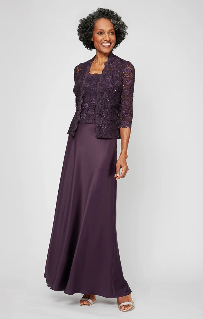 Petite Lace & Satin Gown with Scalloped Lace Sequin Jacket - Image 4