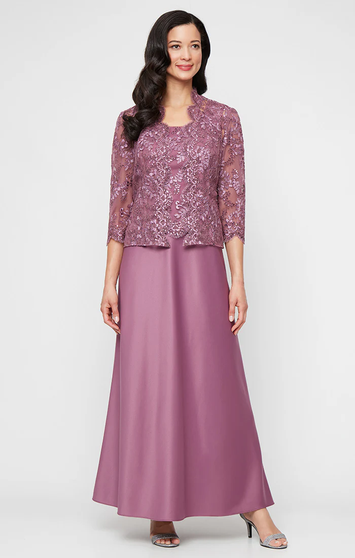 Petite Embroidered Tulle Mock Jacket Dress with Open Scallop Detail Jacket and Satin Skirt