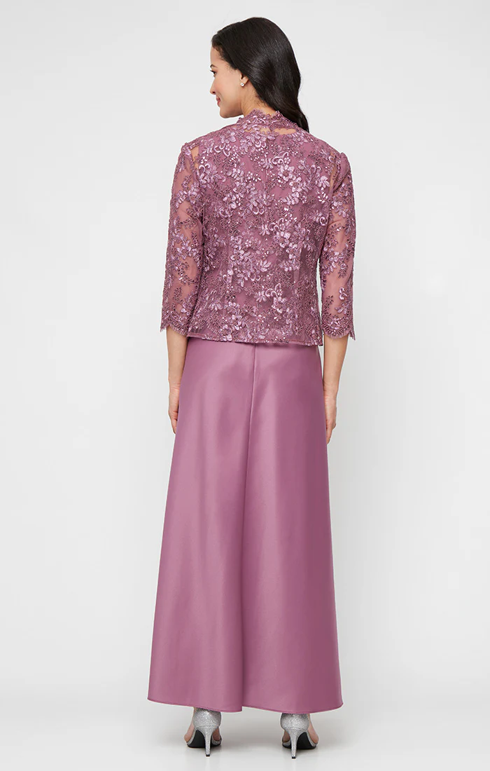 Petite Embroidered Tulle Mock Jacket Dress with Open Scallop Detail Jacket and Satin Skirt - Image 3