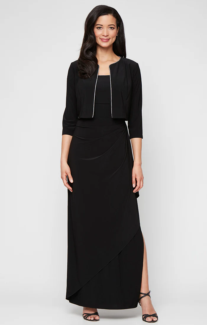 Petite - Long Matte Jersey Jacket Dress with Scoop Neckline, Cascade Skirt, Open Jacket and Foil Piping Trim