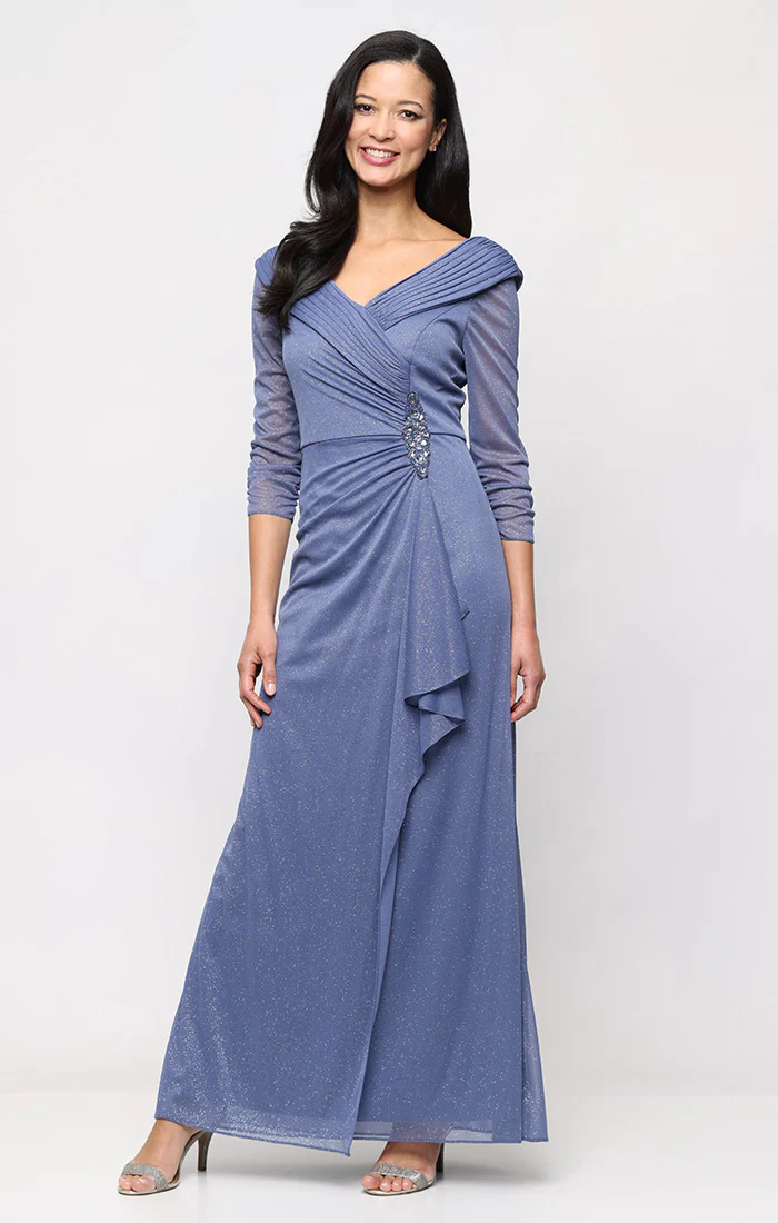 Petite - Portrait Collar Glitter Mesh Dress with Illusion Sleeves
