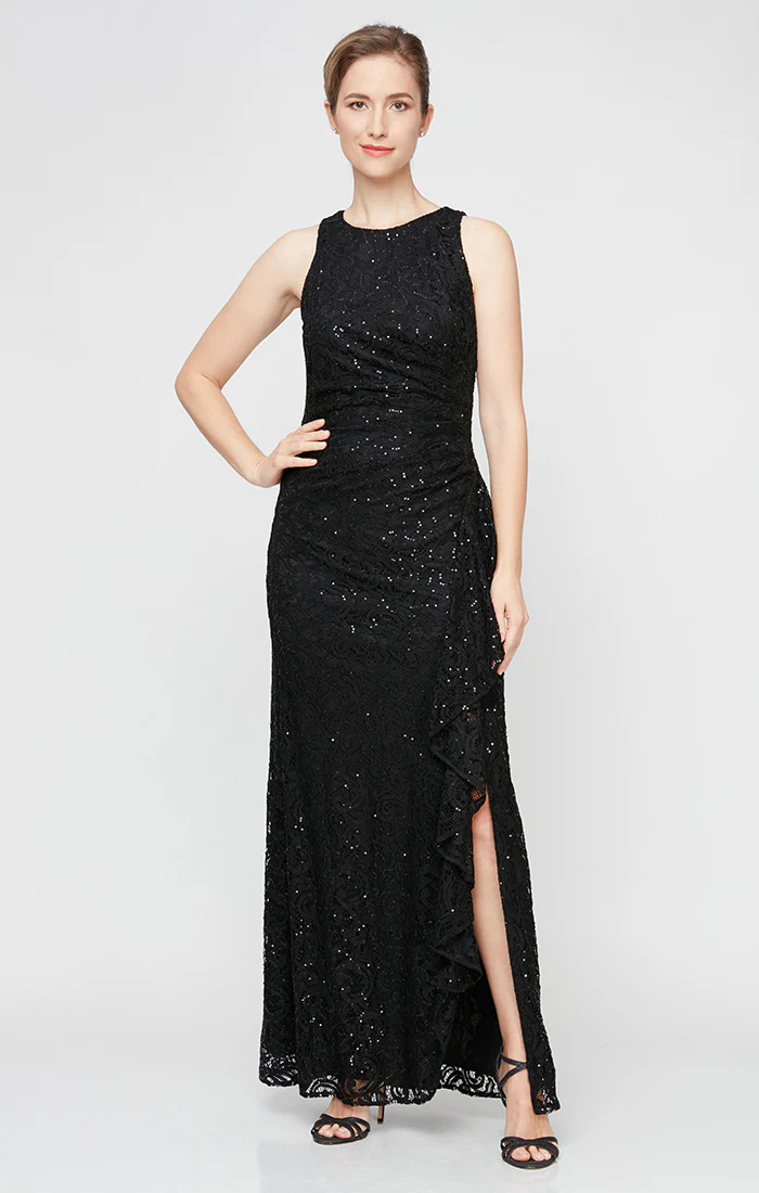 Petite - Sleeveless Long Lace Dress with Cascade Ruffle