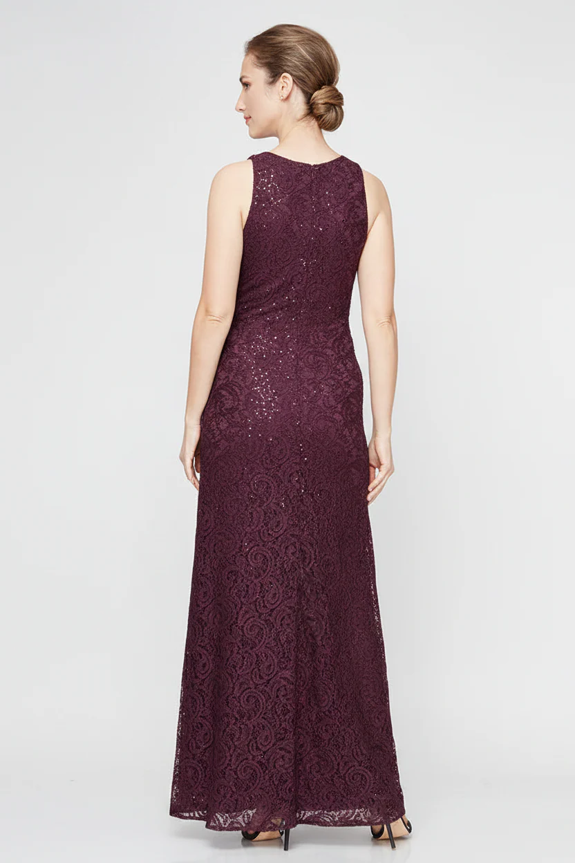 Petite - Sleeveless Long Lace Dress with Cascade Ruffle - Image 10