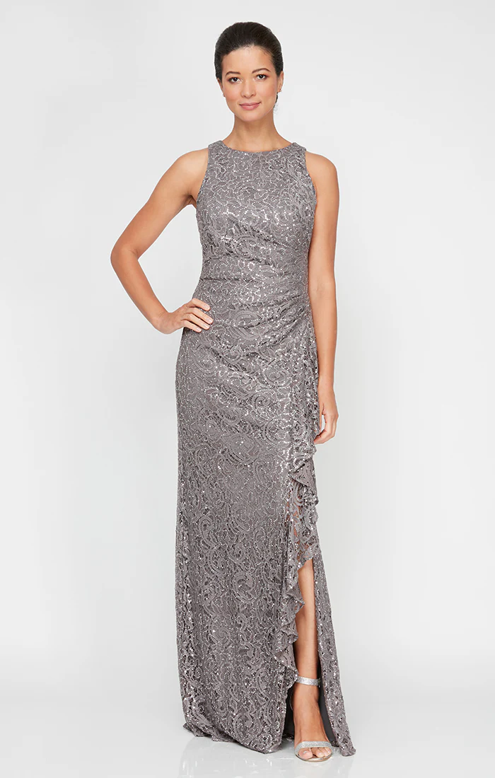 Petite - Sleeveless Long Lace Dress with Cascade Ruffle - Image 3