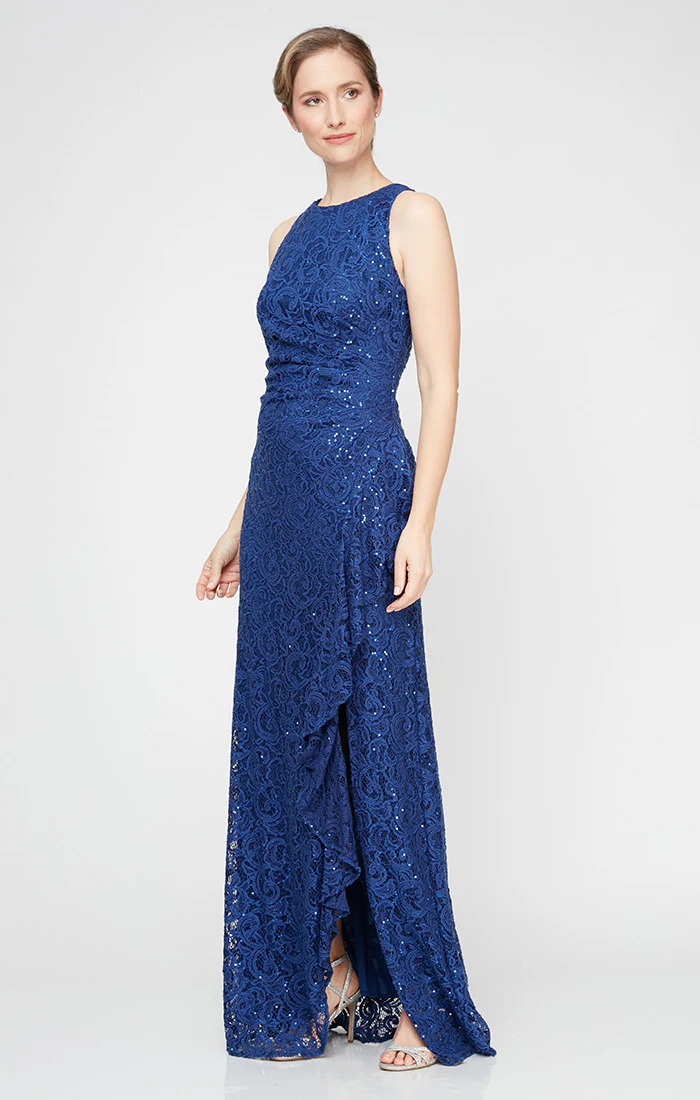 Petite - Sleeveless Long Lace Dress with Cascade Ruffle - Image 5