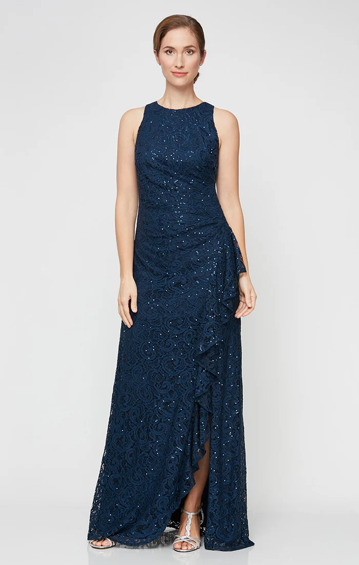 Petite - Sleeveless Long Lace Dress with Cascade Ruffle - Image 7