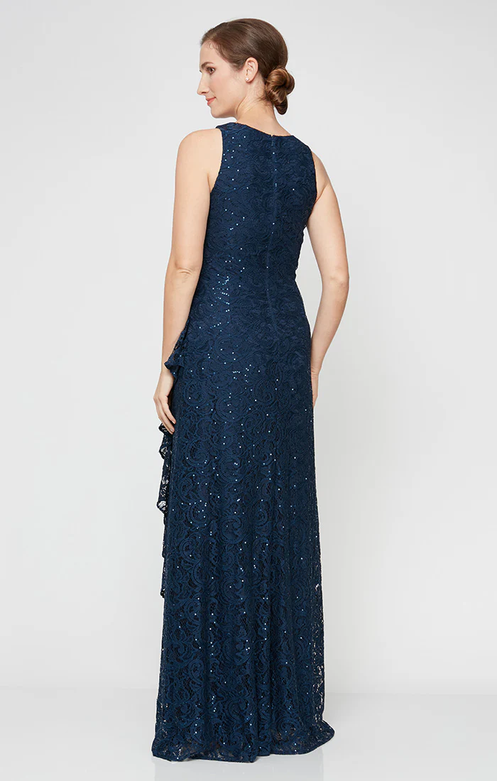 Petite - Sleeveless Long Lace Dress with Cascade Ruffle - Image 8