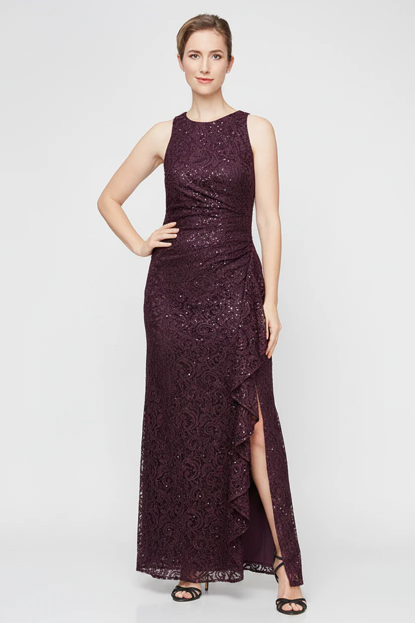 Petite - Sleeveless Long Lace Dress with Cascade Ruffle - Image 9