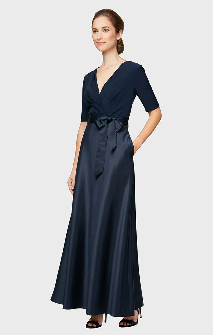 Petite - Satin & Jersey Surplice-Neckline Ball Gown - Image 3