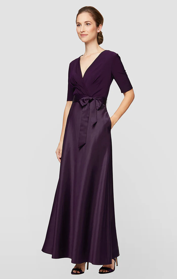Petite - Satin & Jersey Surplice-Neckline Ball Gown - Image 5