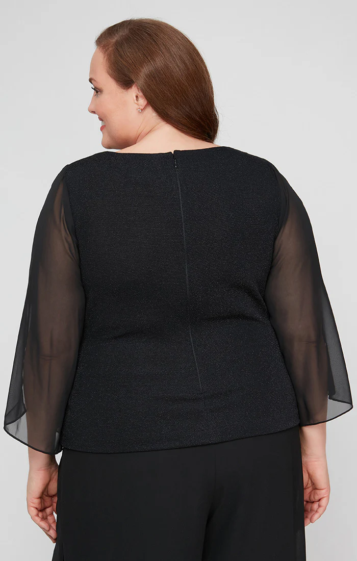 Plus Metallic Knit Blouse with Chiffon Sleeves - Image 2