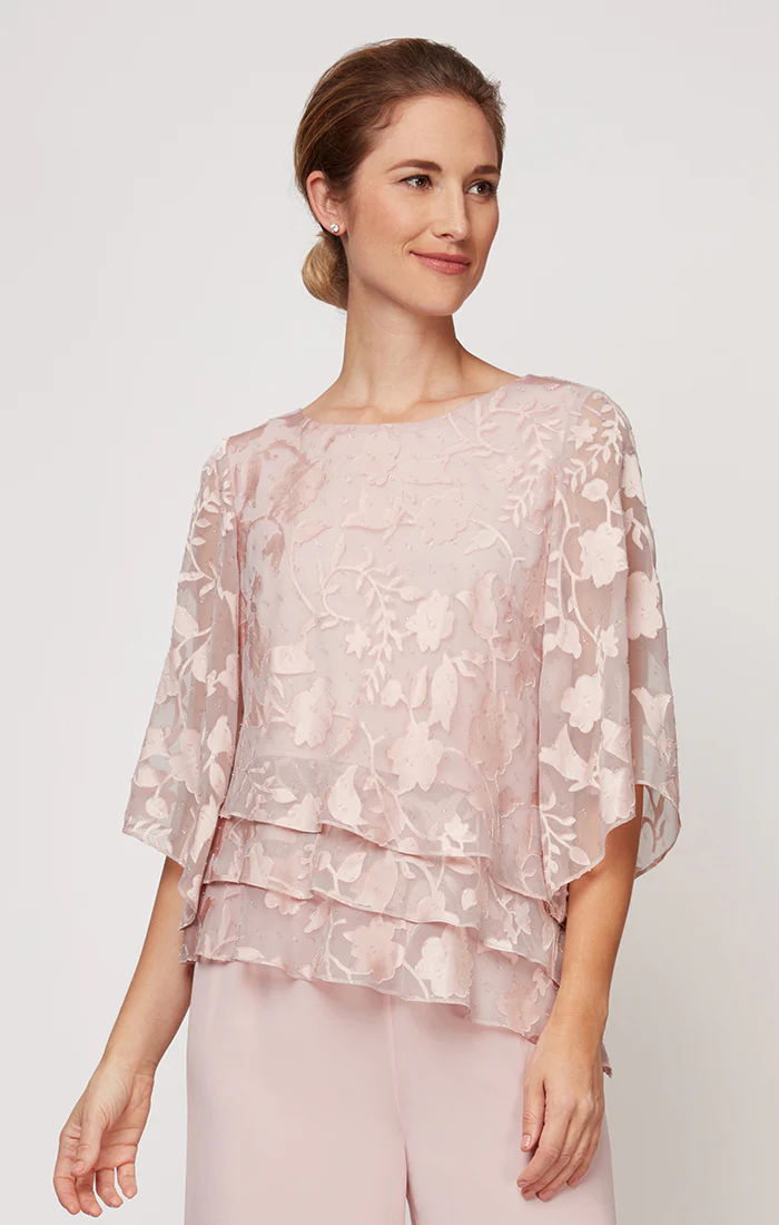 Plus - Asymmetrical Triple Tier Hem Burnout Chiffon Blouse with Illusion Sleeves