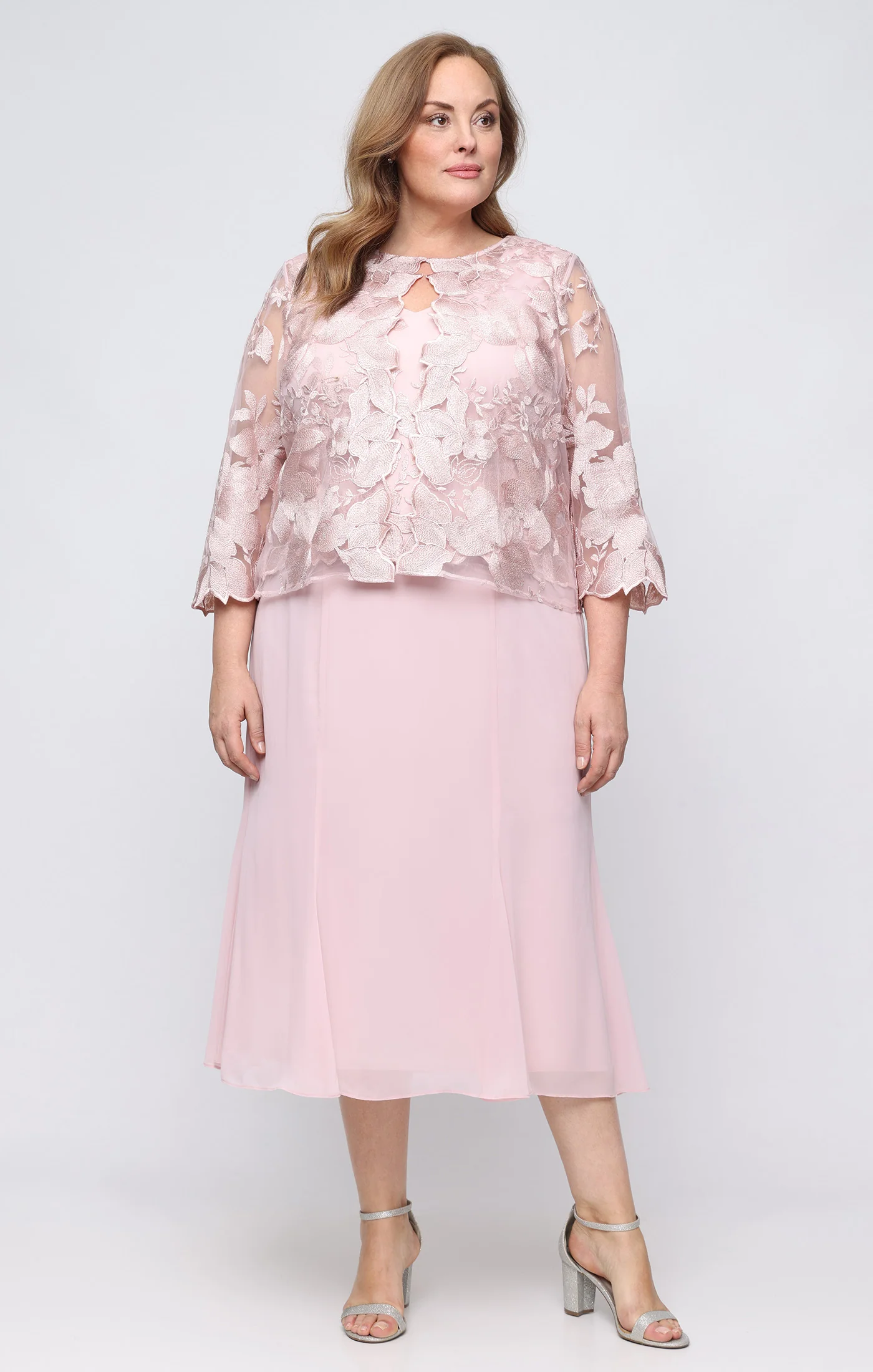 Plus - Attached Jacket Dress With Illusion Sleeves & Scallop Detail
