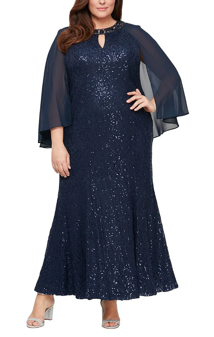 Plus - Fit & Flare Sequin Lace Gown with Embellished Keyhole Cutout Neckline & Chiffon Capelet Sleeves