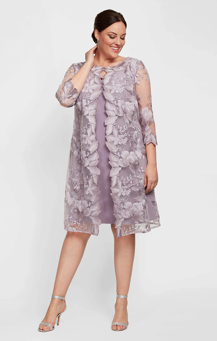 Plus - Embroidered Elongated Lace Mock Jacket with Jersey Sheath Dress