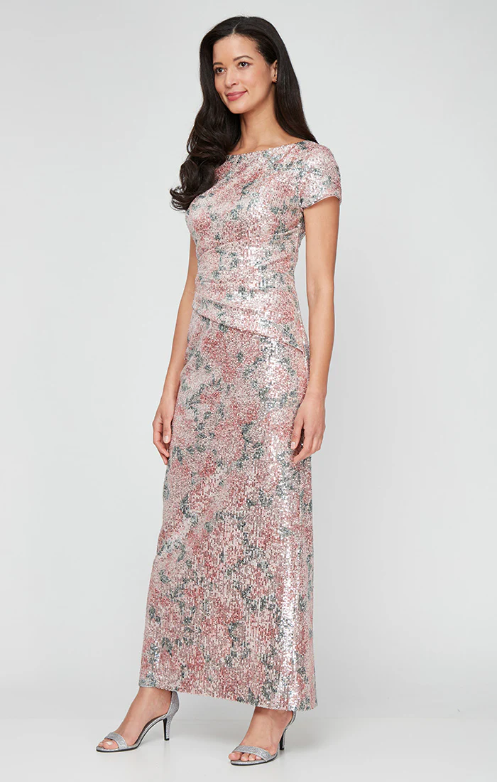 Regular - Printed Stretch Sequin Ruched-Waist Column Gown