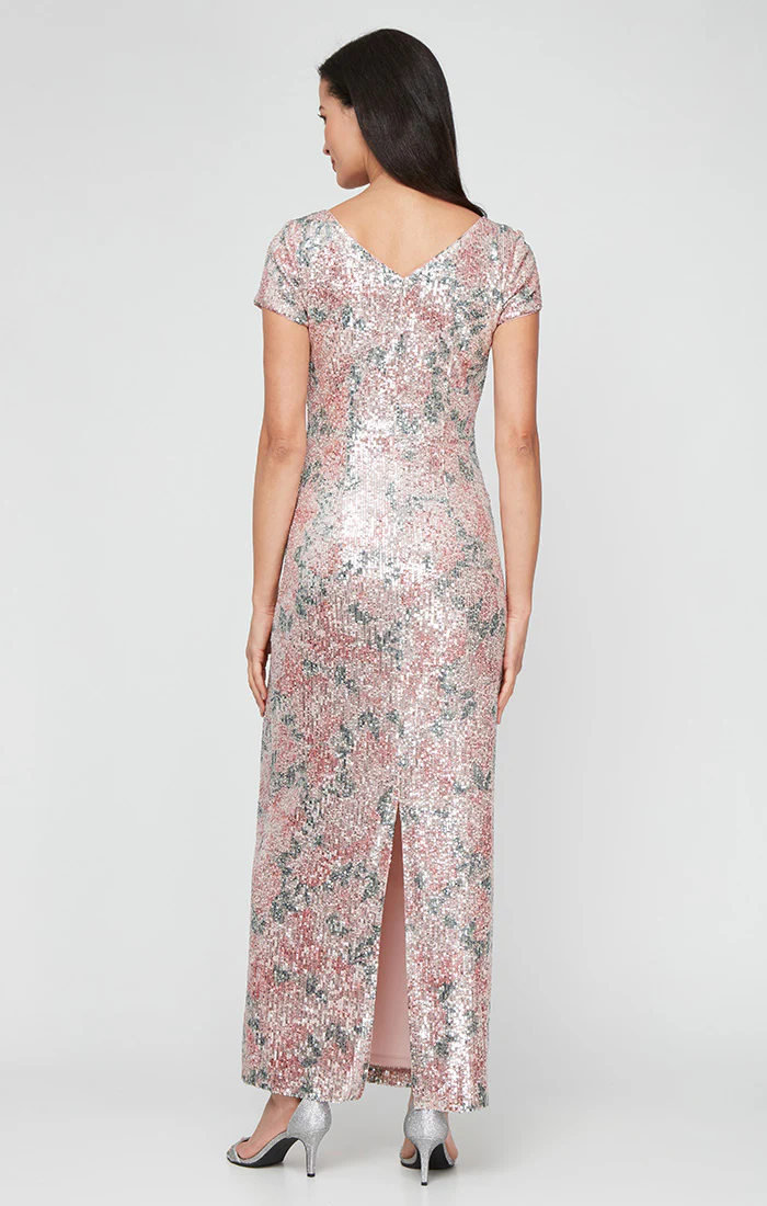 Regular - Printed Stretch Sequin Ruched-Waist Column Gown - Image 3