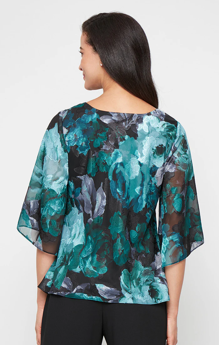 Printed V-Neck Chiffon Burnout Blouse with Tulip Hem - Image 2