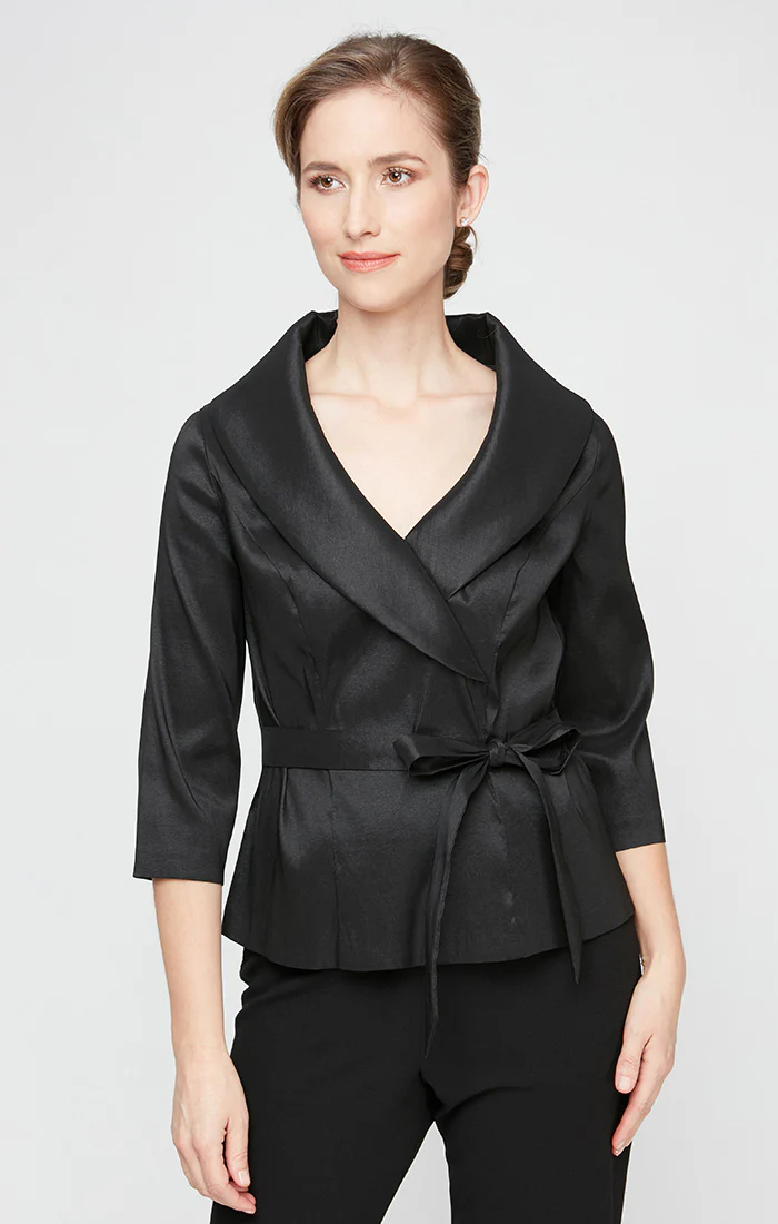 Surplice Stretch Taffeta Blouse with Tie Waist Detail
