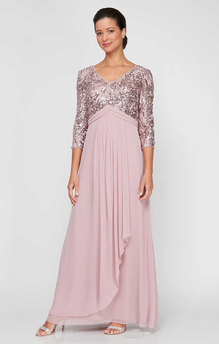 Regular - A-Line V-Neck Sequin Lace & Chiffon Gown with Empire Waistline