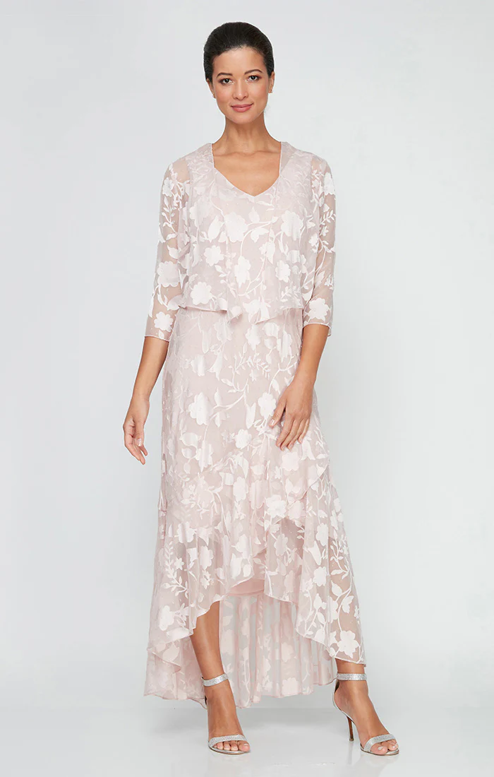 Regular - Chiffon Jacket Dress with High/Low Tulip Hem Skirt & Open Cascade Jacket